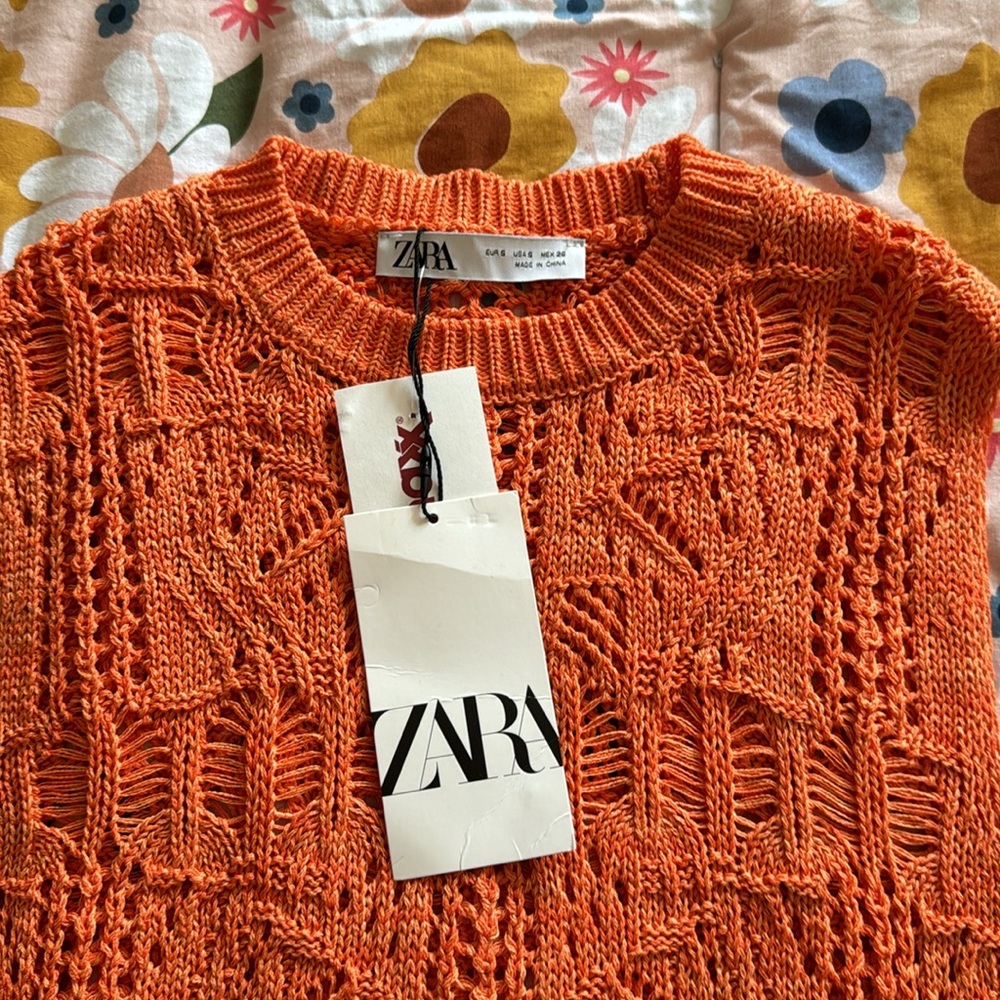 Zara Crochet Knit Vest Beaded Sz sm Trend Crop Fringe - Picture 5 of 8